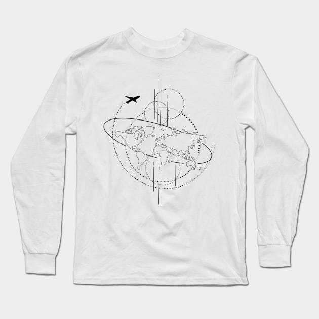 Flat earth line art minimalist illustration with plane Long Sleeve T-Shirt by thecolddots